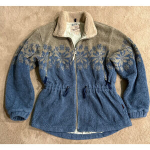 Vintage Woolrich Sherpa Jacket Womens Zip up Tan Blue Snowflakes Size M USA